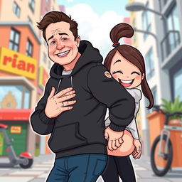 A cartoon-style vector illustration of a man resembling Elon Musk, dressed in a casual black hoodie, playfully slapping the butt of a cartoon girl