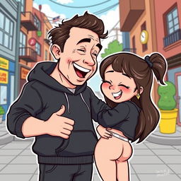 A cartoon-style vector illustration of a man resembling Elon Musk, dressed in a casual black hoodie, playfully slapping the butt of a cartoon girl