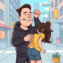 A cartoon-style vector illustration of a man resembling Elon Musk, dressed in a casual black hoodie, playfully slapping the butt of a cartoon girl