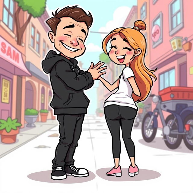 A cartoon-style vector illustration of a man resembling Elon Musk, dressed in a casual black hoodie, playfully slapping the butt of a cartoon girl