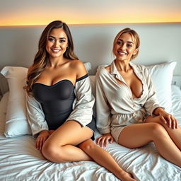 Two attractive women sitting on a bed, radiating confidence and allure, showcasing their differences
