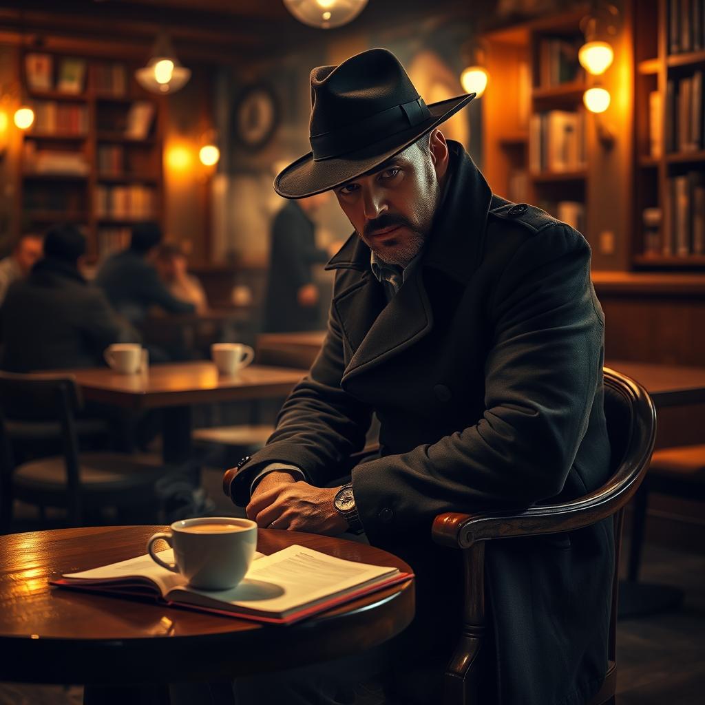 A mysterious man sitting alone on a chair in a dimly lit coffee shop at night