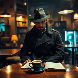 A mysterious man sitting alone on a chair in a dimly lit coffee shop at night