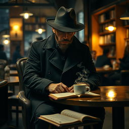 A mysterious man sitting alone on a chair in a dimly lit coffee shop at night