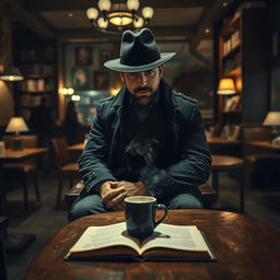 A mysterious man sitting alone on a chair in a dimly lit coffee shop at night