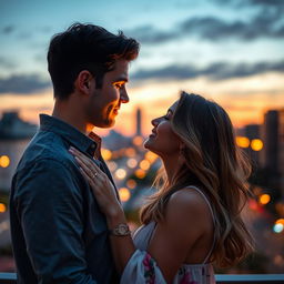 A romantic scene depicting a man and a woman gently kissing, their faces close together radiating warmth and affection