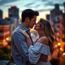 A romantic scene depicting a man and a woman gently kissing, their faces close together radiating warmth and affection