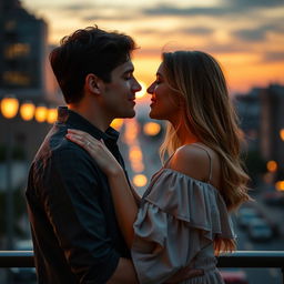 A romantic scene depicting a man and a woman gently kissing, their faces close together radiating warmth and affection