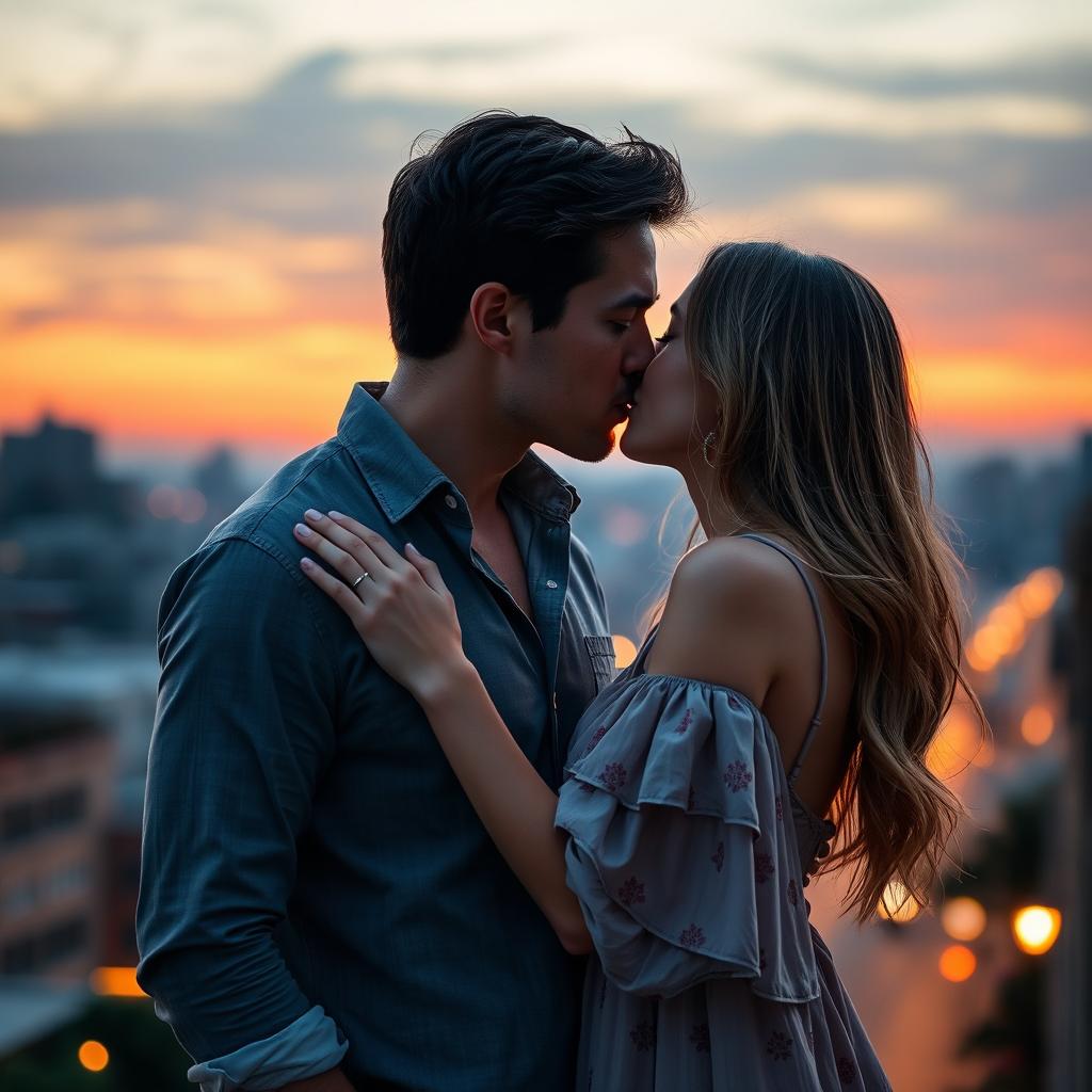 A romantic scene depicting a man and a woman gently kissing, their faces close together radiating warmth and affection
