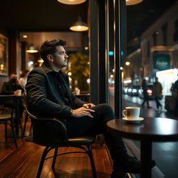 A man dressed entirely in black clothing sitting on a chair in a coffee shop at night, gazing thoughtfully out of the window
