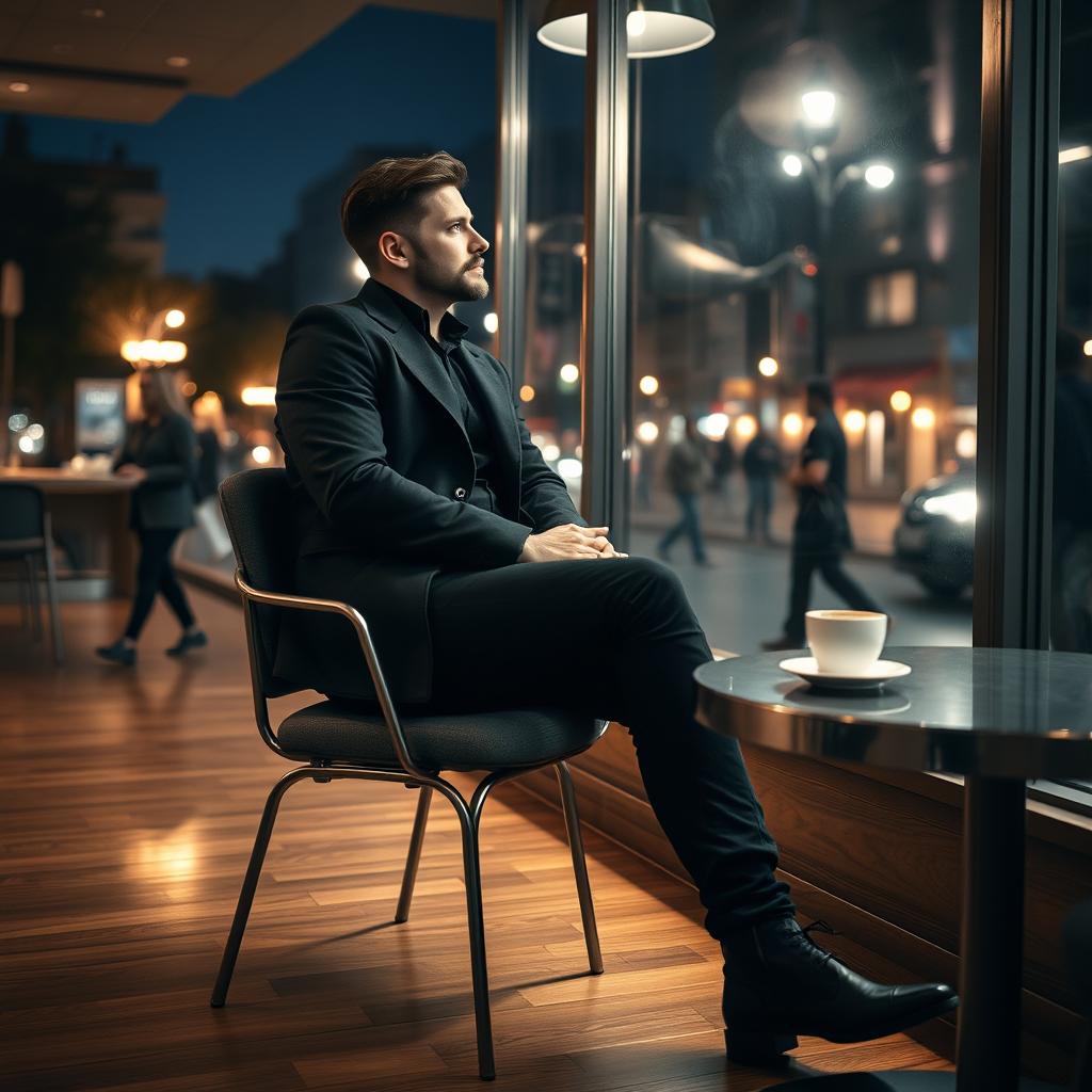 A man dressed entirely in black clothing sitting on a chair in a coffee shop at night, gazing thoughtfully out of the window