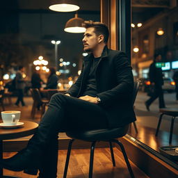 A man dressed entirely in black clothing sitting on a chair in a coffee shop at night, gazing thoughtfully out of the window