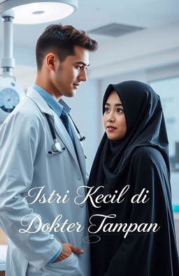 A handsome young doctor in a modern hospital setting, staring intently at a young woman wearing a niqab