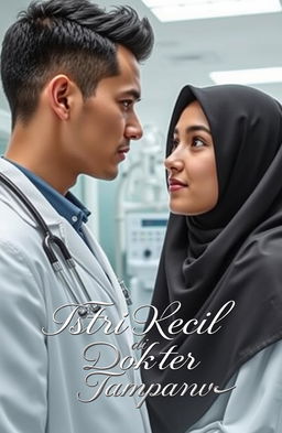 A handsome young doctor in a modern hospital setting, staring intently at a young woman wearing a niqab