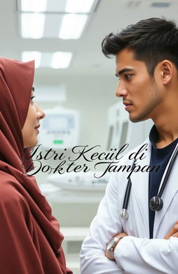 A handsome young doctor in a modern hospital setting, staring intently at a young woman wearing a niqab