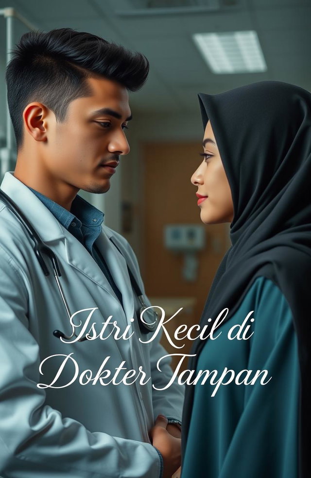A handsome young doctor in a modern hospital setting, staring intently at a young woman wearing a niqab