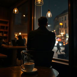 A view from behind a man dressed entirely in black clothing, sitting on a chair in a coffee shop at night