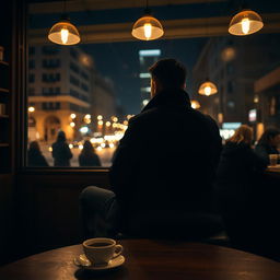 A view from behind a man dressed entirely in black clothing, sitting on a chair in a coffee shop at night