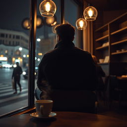 A view from behind a man dressed entirely in black clothing, sitting on a chair in a coffee shop at night
