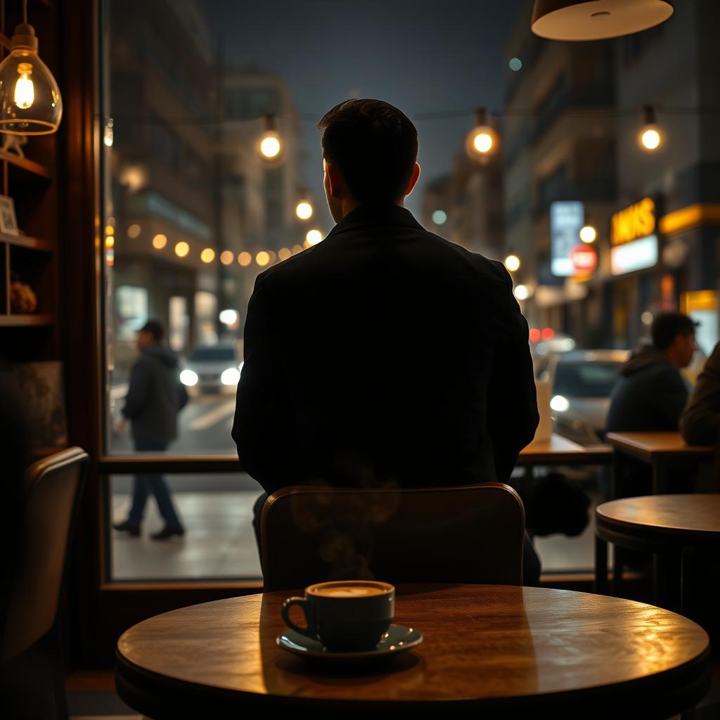 A view from behind a man dressed entirely in black clothing, sitting on a chair in a coffee shop at night
