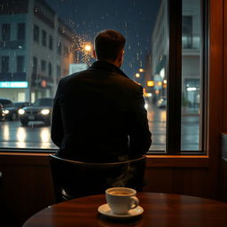 A view from behind a man dressed entirely in black clothing, sitting on a chair in a coffee shop at night, intently watching the rain-soaked street outside the window