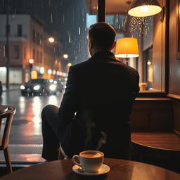A view from behind a man dressed entirely in black clothing, sitting on a chair in a coffee shop at night, intently watching the rain-soaked street outside the window