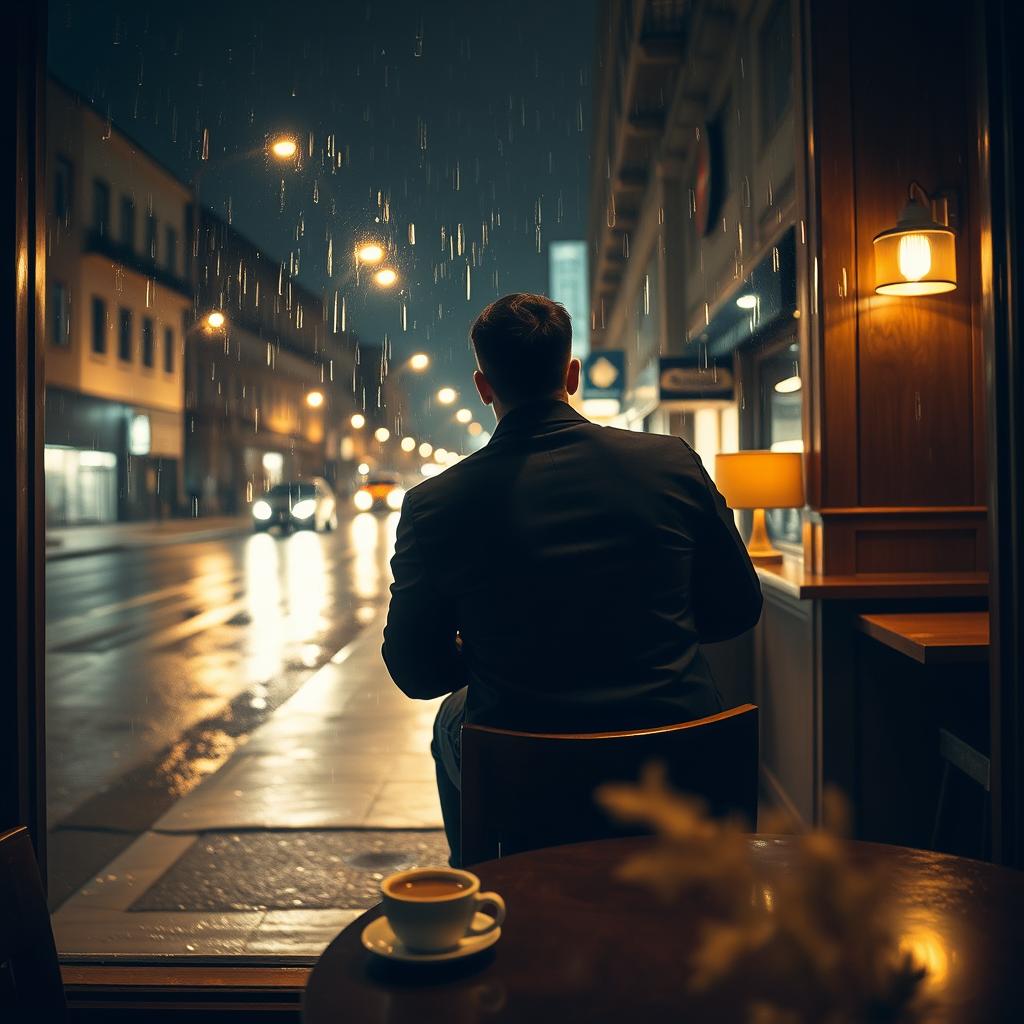 A view from behind a man dressed entirely in black clothing, sitting on a chair in a coffee shop at night, intently watching the rain-soaked street outside the window