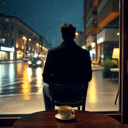 A view from behind a man dressed entirely in black clothing, sitting on a chair in a coffee shop at night, intently watching the rain-soaked street outside the window