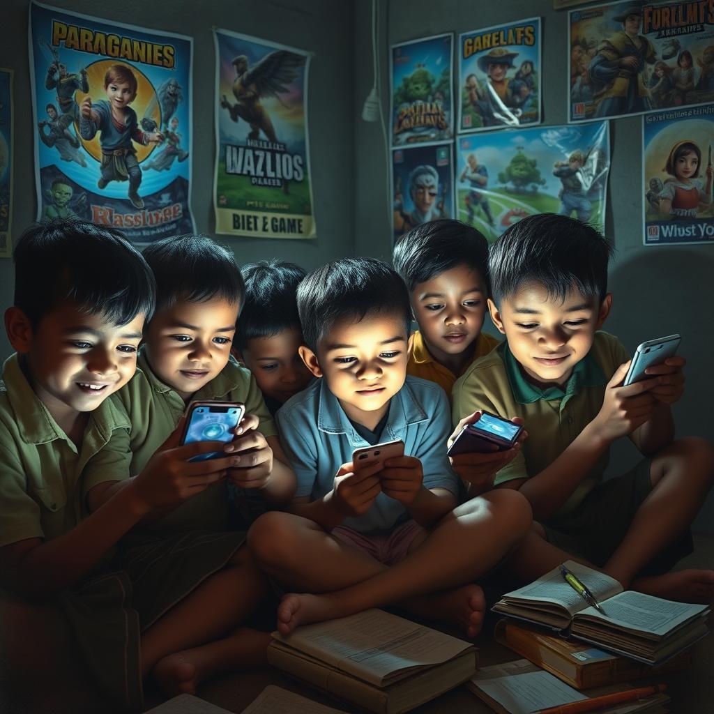 A poignant scene depicting children in a dimly lit room, deeply engrossed in mobile phone games