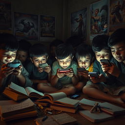 A poignant scene depicting children in a dimly lit room, deeply engrossed in mobile phone games
