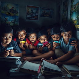A poignant scene depicting children in a dimly lit room, deeply engrossed in mobile phone games