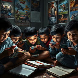 A poignant scene depicting children in a dimly lit room, deeply engrossed in mobile phone games