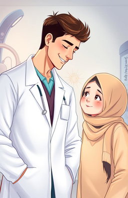 A young handsome doctor interacting with a girl wearing a hijab, set in a hospital environment