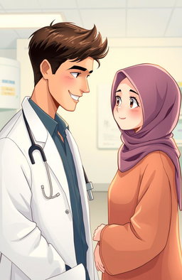 A young handsome doctor interacting with a girl wearing a hijab, set in a hospital environment