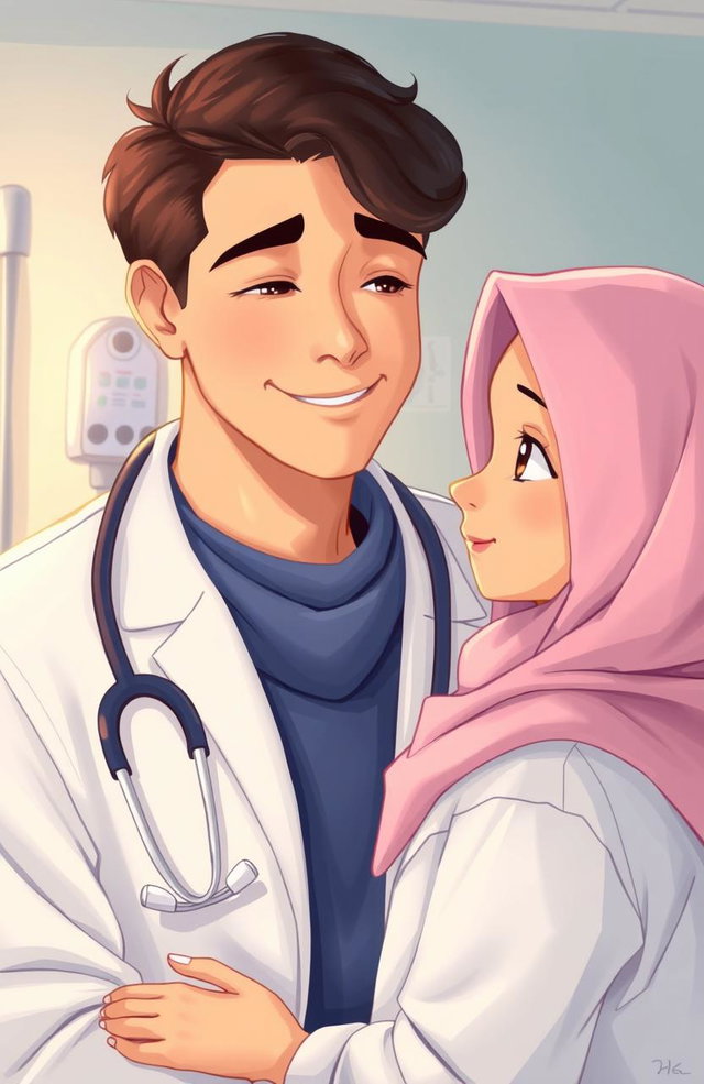 A young handsome doctor interacting with a girl wearing a hijab, set in a hospital environment