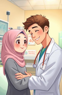 A young handsome doctor interacting with a girl wearing a hijab, set in a hospital environment
