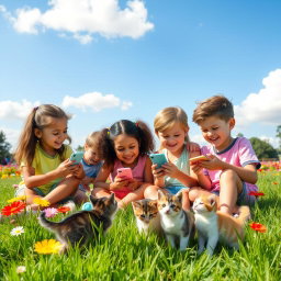 A lively scene depicting children sitting together in a park, intensely focused on their mobile phones