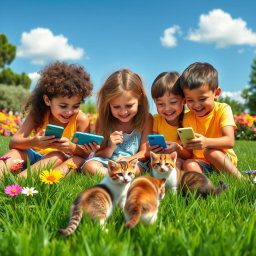 A lively scene depicting children sitting together in a park, intensely focused on their mobile phones