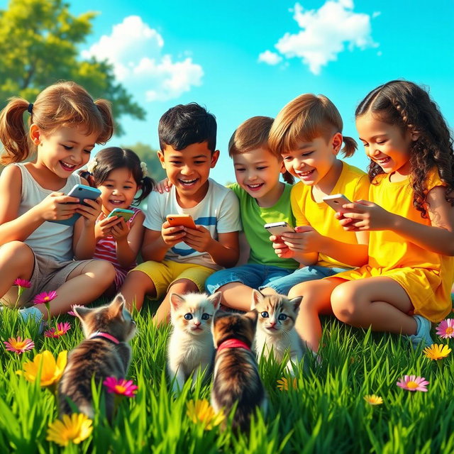 A lively scene depicting children sitting together in a park, intensely focused on their mobile phones