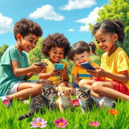 A lively scene depicting children sitting together in a park, intensely focused on their mobile phones