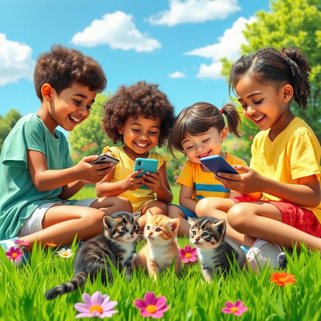 A lively scene depicting children sitting together in a park, intensely focused on their mobile phones