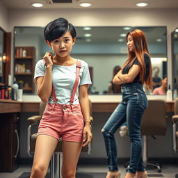 A photorealistic scene set in a modern barber shop featuring an Asian slim lady, 20 years old with a very short cropped black boyish haircut and clippered shaved sides