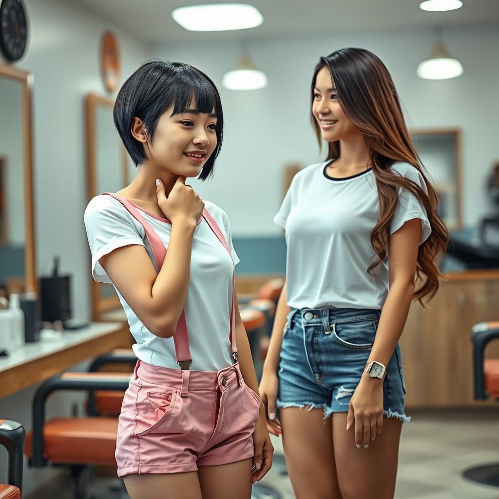 A photorealistic scene set in a modern barber shop featuring an Asian slim lady, 20 years old with a very short cropped black boyish haircut and clippered shaved sides