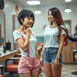 A photorealistic scene set in a modern barber shop featuring an Asian slim lady, 20 years old with a very short cropped black boyish haircut and clippered shaved sides