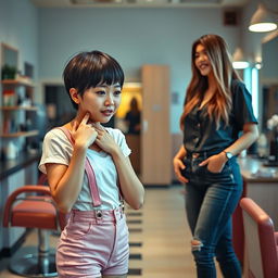 A photorealistic scene set in a modern barber shop featuring an Asian slim lady, 20 years old with a very short cropped black boyish haircut and clippered shaved sides
