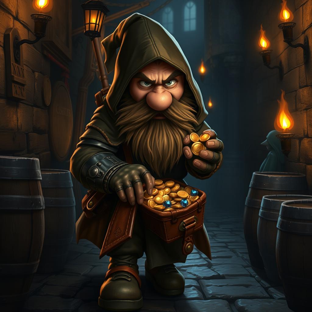 A clever dwarf thief character sneaking through a dimly lit medieval alley, wearing a hooded cloak and leather armor