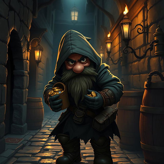 A clever dwarf thief character sneaking through a dimly lit medieval alley, wearing a hooded cloak and leather armor