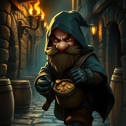 A clever dwarf thief character sneaking through a dimly lit medieval alley, wearing a hooded cloak and leather armor