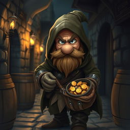A clever dwarf thief character sneaking through a dimly lit medieval alley, wearing a hooded cloak and leather armor