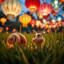 A cute little snail looking with wonder at a festival scene during the Lantern Festival, surrounded by lush grass